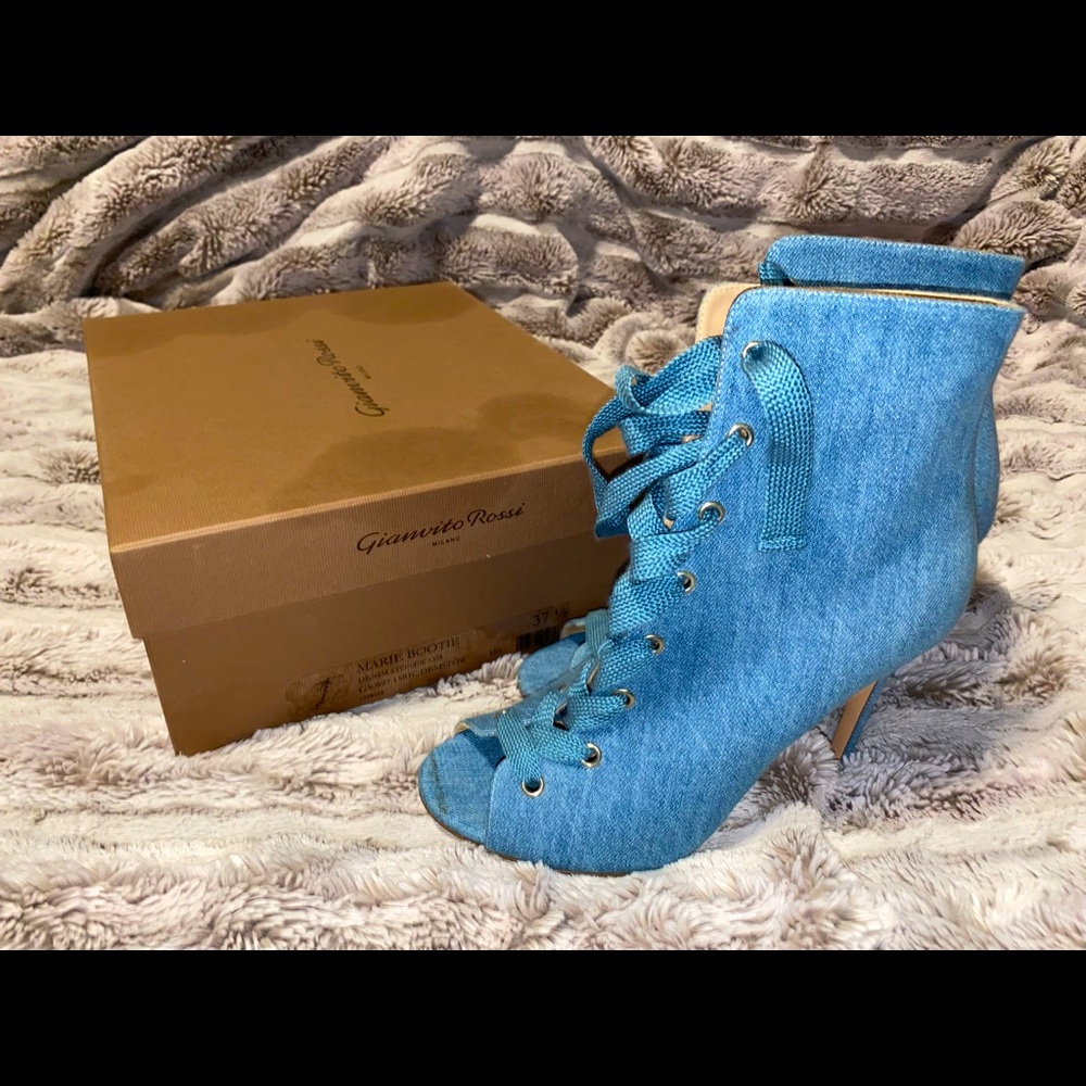 Gianvito Rossi Marie Booth light denim lace up, open toe booties